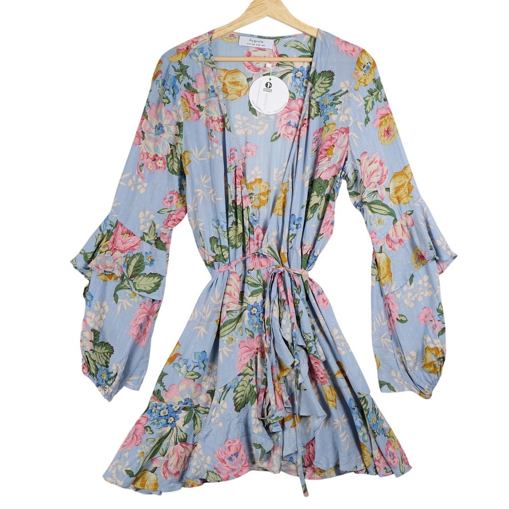 NWT Auguste the Label Blue Floral Metallic Stripe Ruffle Wrap Mini Dress US 6